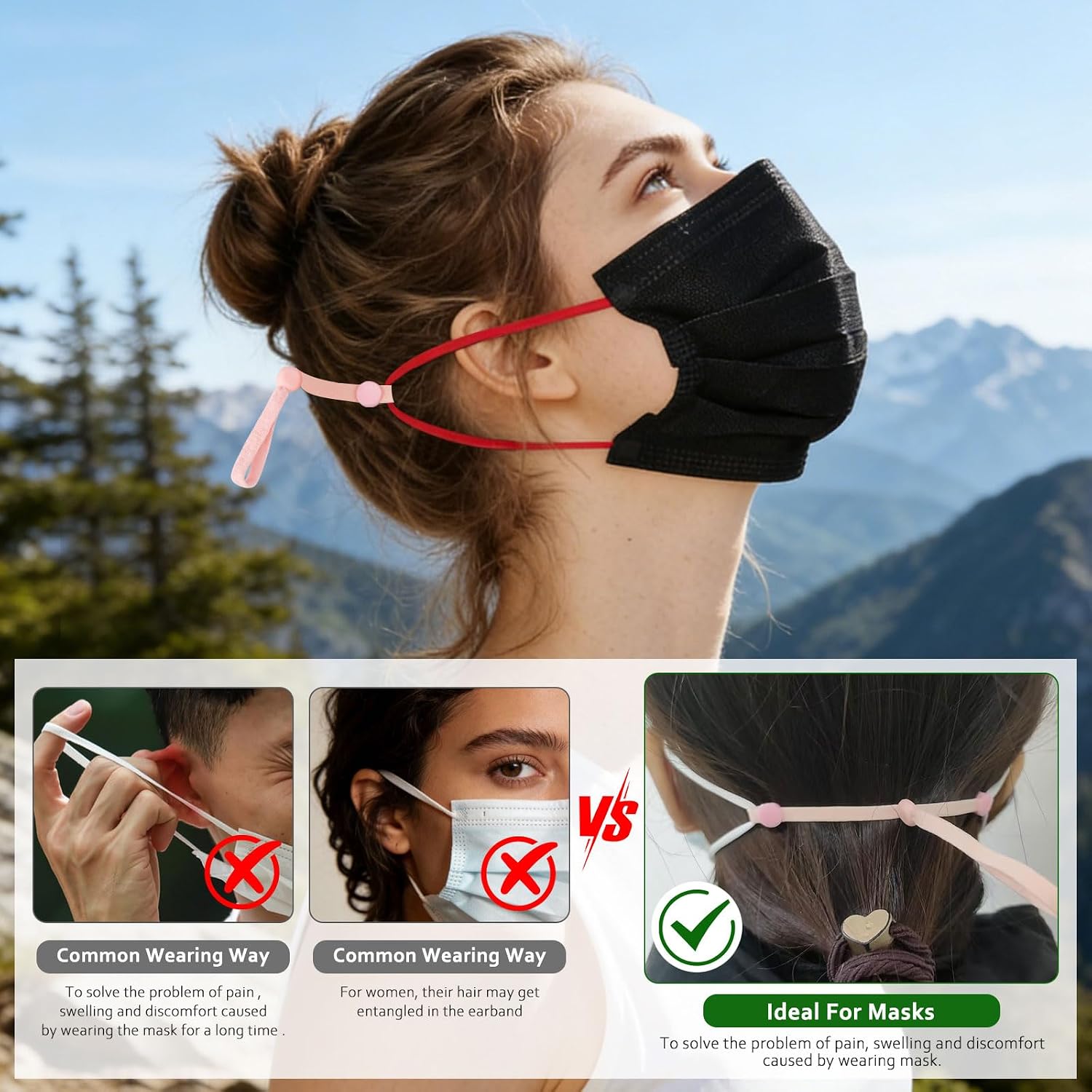 4 PCS Adjustable Mask Ear Saver Straps - Ear Savers for Masks，Elastic Snap Button Extender for Ear Pain, Back of Head Holder, Universal Comfort Loops