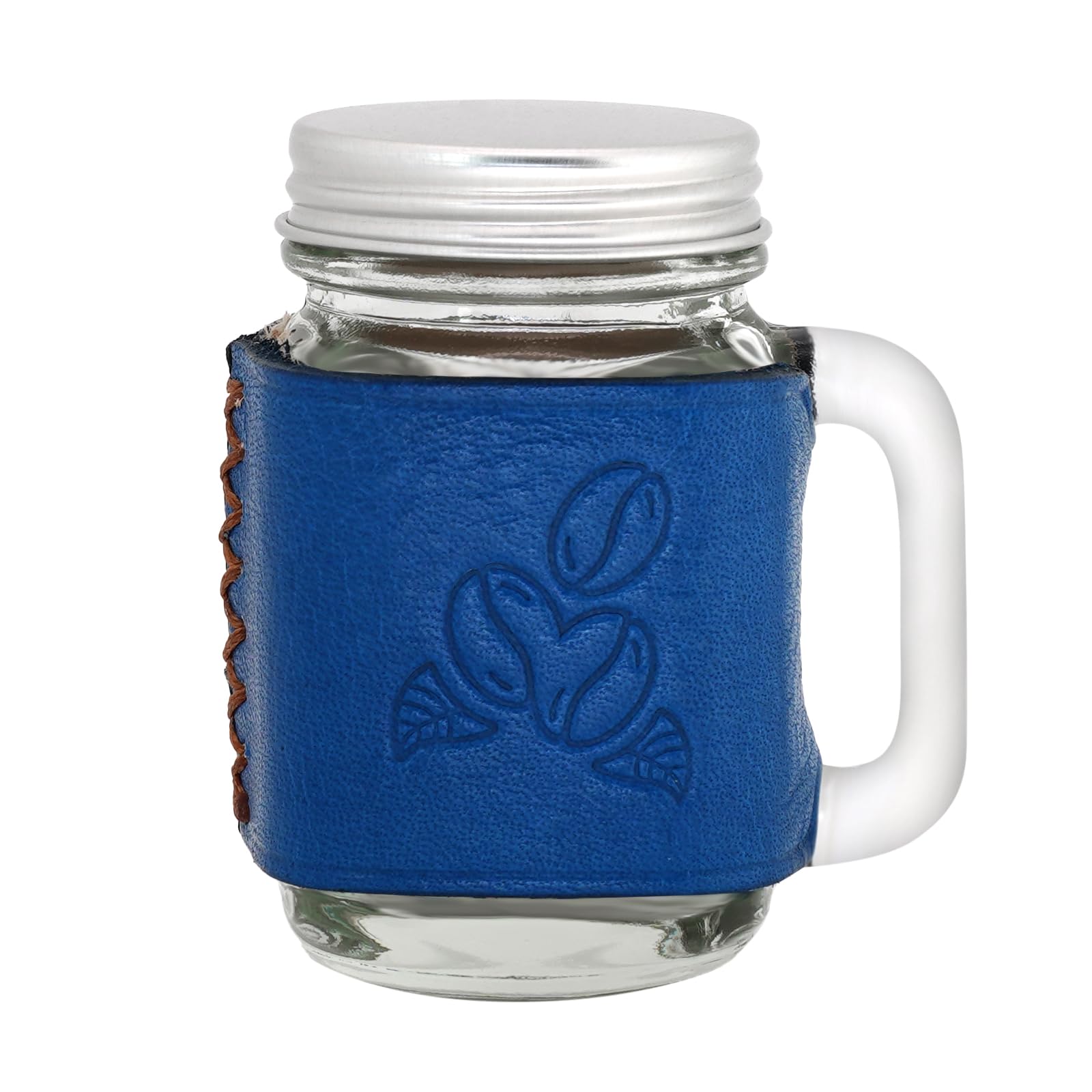 1PC 1.7oz 50ml Mini Glass Handle Mug Genuine Leather Sleeve Mini Espresso Dispenser Bottles Small Glass Mug Mini Sealed Jar (BULE)