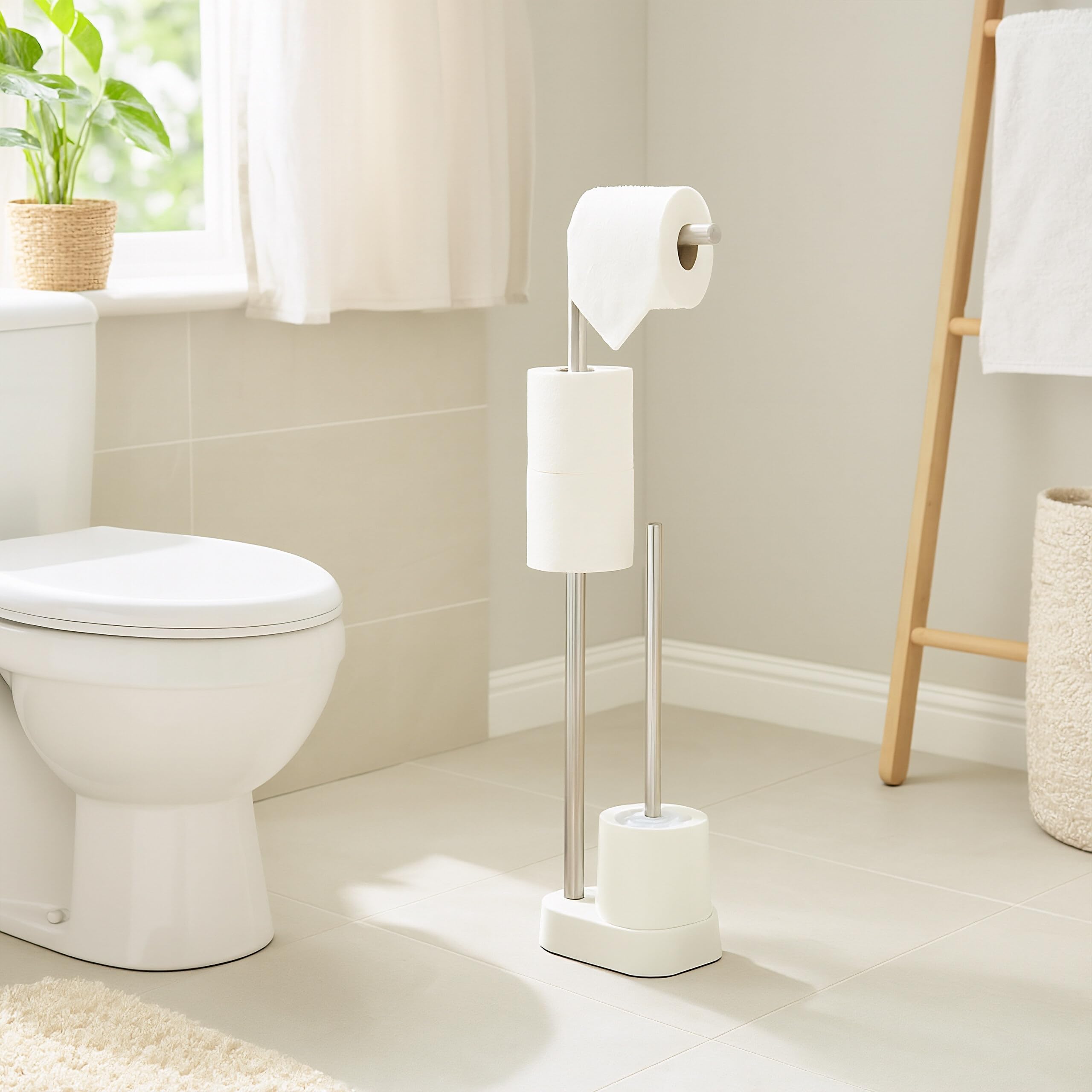 Juego de baño Relaxdays, Acero Inoxidable, 65,5 x 13 x 16 cm, Soporte de Papel higiénico, escobilla de baño, Blanco