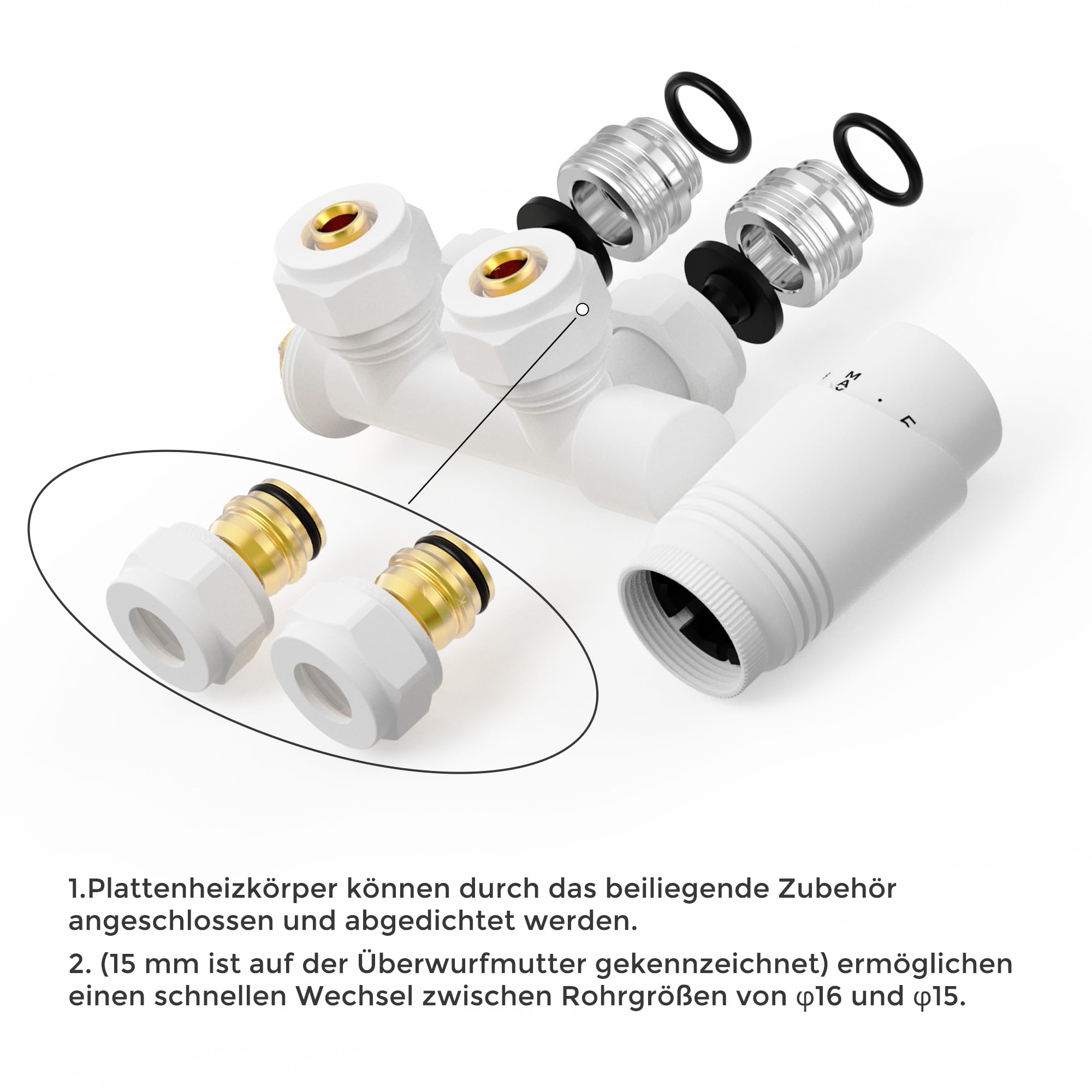 VANCOCO Weiß Thermostat Multiblock Hahnblock Eckdurchgang 50mm Nabenabstand | Multiblock Ventil-Armaturen Set mit Eurokonus, passend für Ø16×2 mm Kunststoffrohre & Ø15mm Kupferrohre für Heizkörper