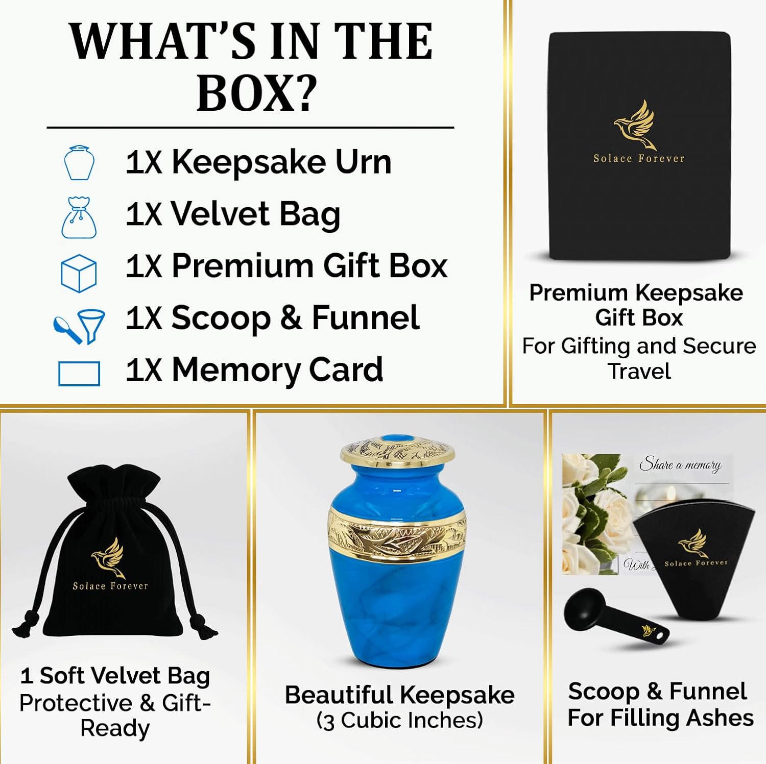 Small Urns for Human Ashes Keepsake – Handcrafted Blue Memorial Urn with Brass Accent – Mini Keepsake Urn for Men and Women – Remembrance Urn (Small)