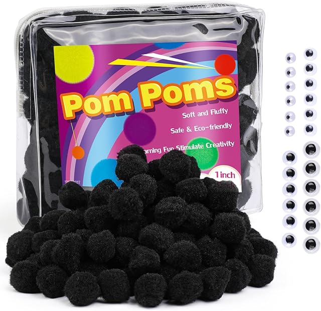 Bulk Pompoms, 150 Pack 1 Inch Pom Poms Balls for Crafts, Fuzzy Balls Puff Balls, Black Pom Pom Puff Balls for DIY Art Creative Crafts Decorations