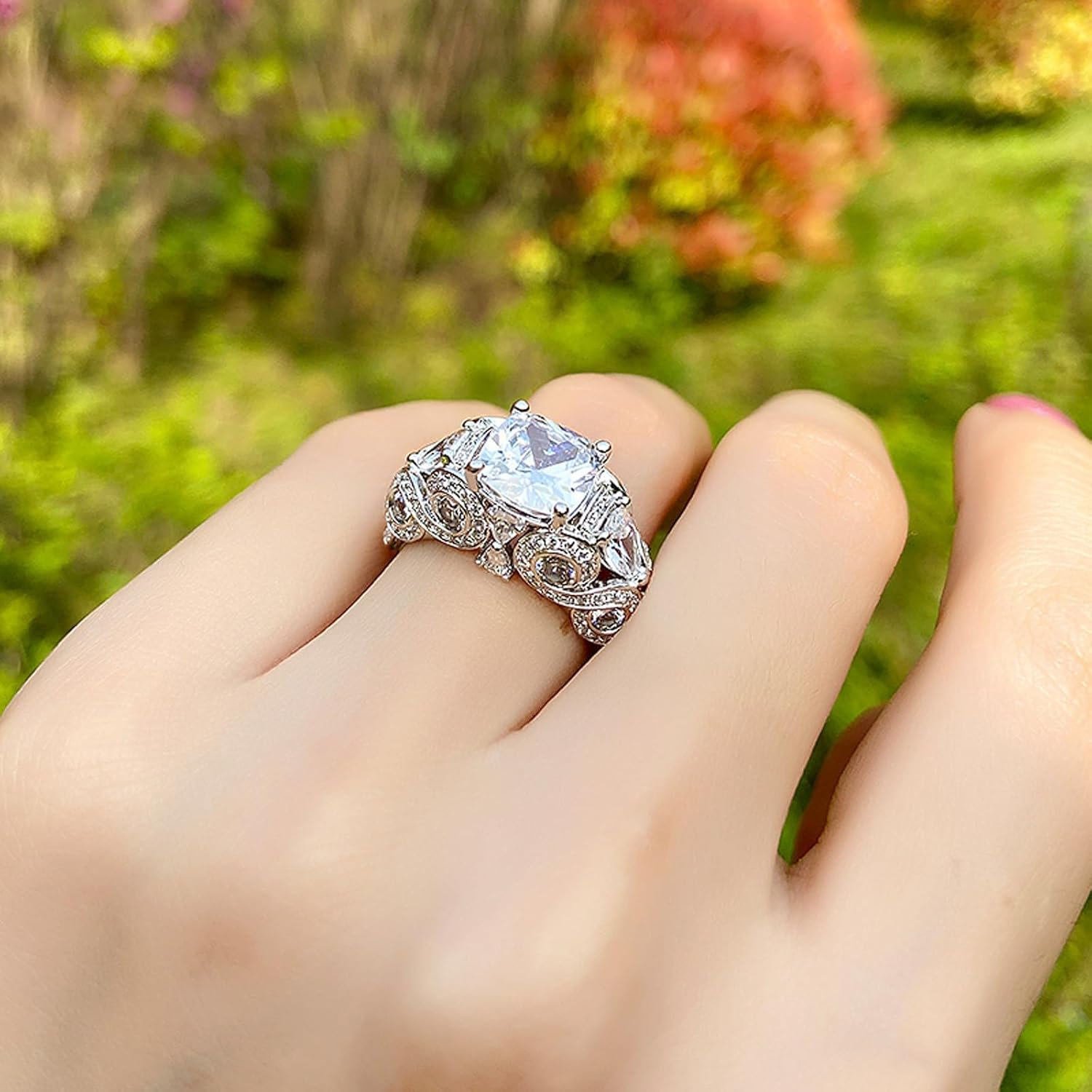 Jeulia Vintage Lace Design Cushion Cut Sterling Silver Ring Cubic Zirconia CZ Engagement Anniversary Eternity Promise Wedding Band Ring for Women