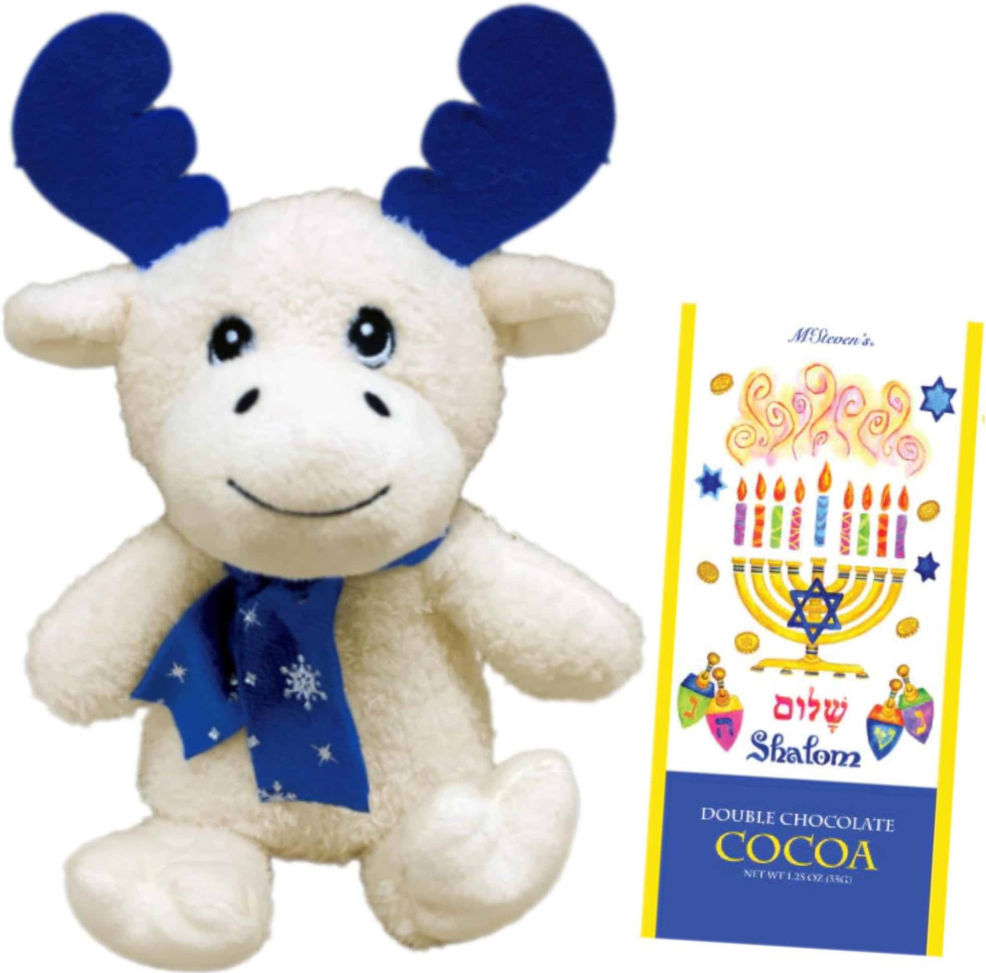 Hanukkah Chocolate Cocoa Bundle Gift Set Including 1.25 oz Chocolate Cocoa Packet and White Chocolate Scented Moose Plush with Blue Scarf