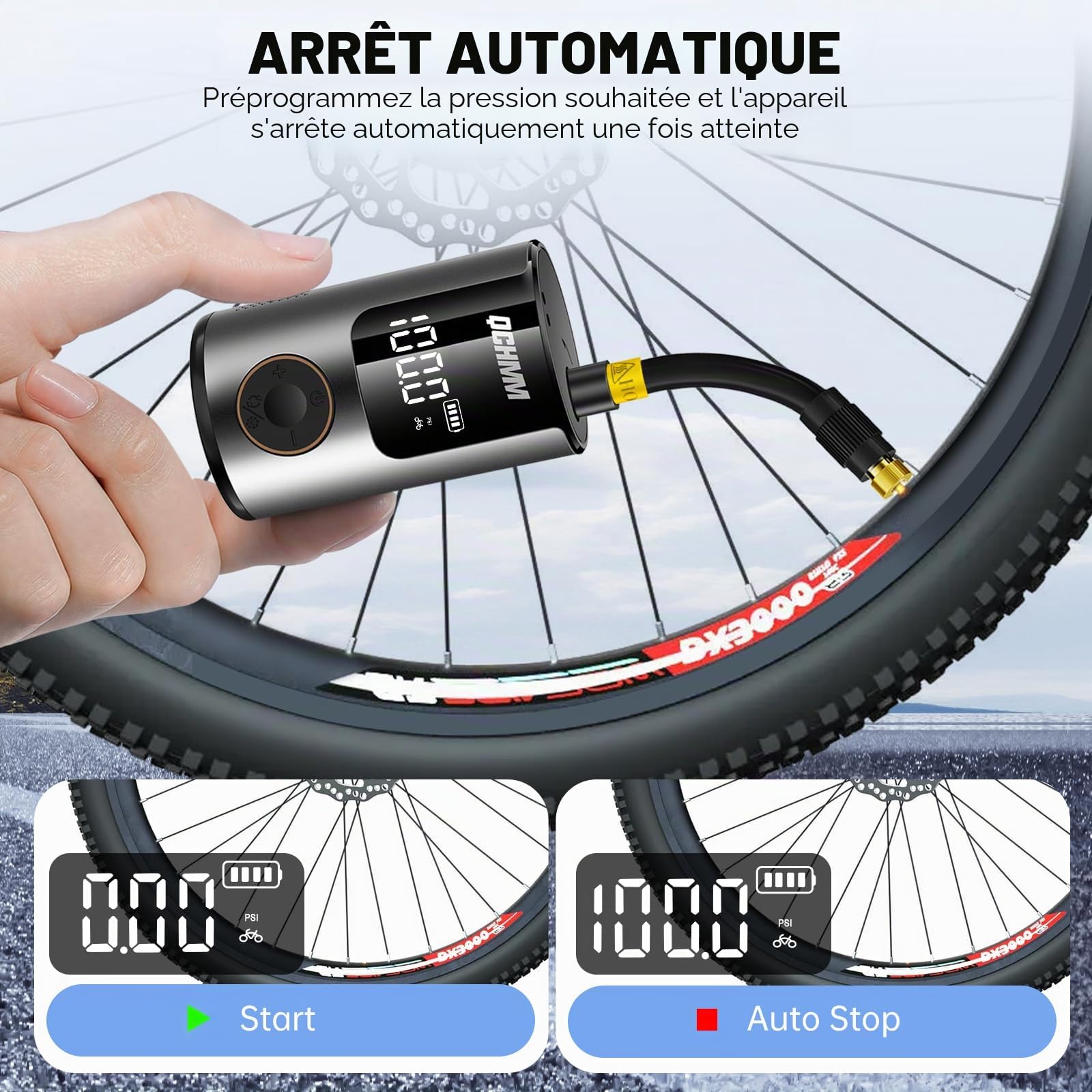 Pompe à vélo Portable, Mini Pompe à vélo électrique 120PSI avec Affichage numérique, valves Presta/Schrader, Arrêt Automatique