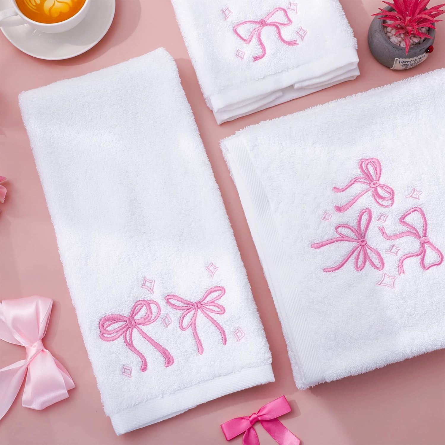 FYSUIMU Pink Bow Towel Set of 3 Cotton Embroidered Bow Knot Bath Towel Hand Towel Wash Cloth for Hand Drying Bathroom Shower Supplies