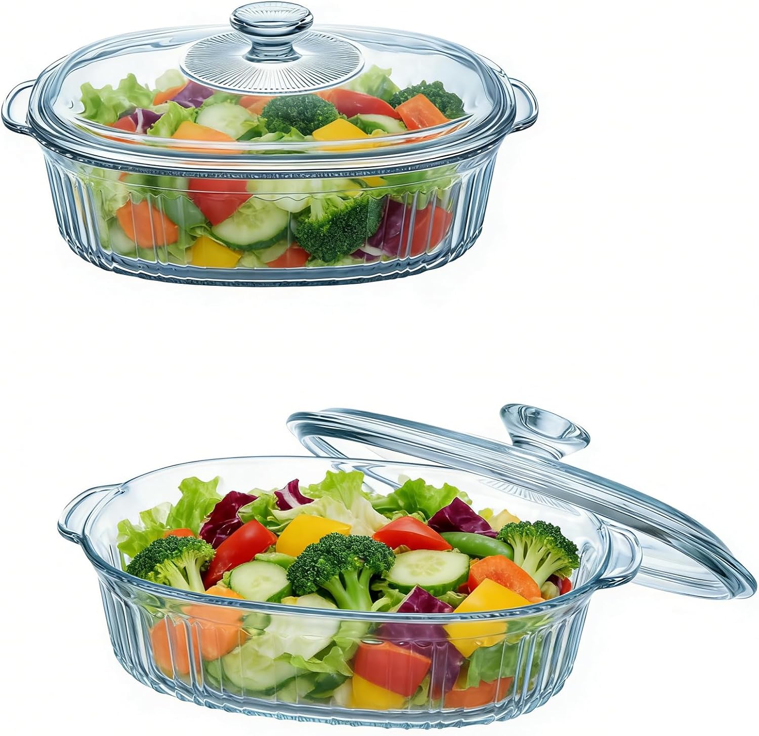 2 Pieces Glass Casserole Dish with Lid, 1.9 Qt and 3 Qt Glass Baking Dish for Oven & Microwave, Versatile Deep Glasses Food Container for Baking, Cooking