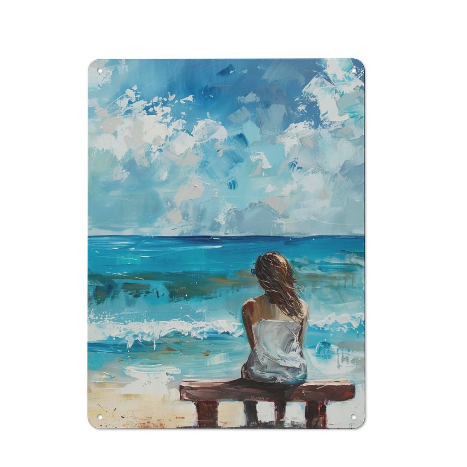 Workshop Style Woman on Bench Overlooking Ocean Painting Tin Sign 40x30cm, Workshop Wall Decor for Tool Room, Garage, Studio Or Home Bar