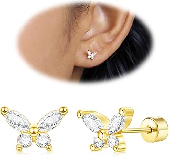 DAI JYCartilage Screw Back Earrings for Women, Flat Back Earrings Sterling Silver Hypoallergenic Earrings for Girls Conch Helix Piercing Jewelry Crawler Butterfly Flower Stud Earrings (Butterfly, Gold)