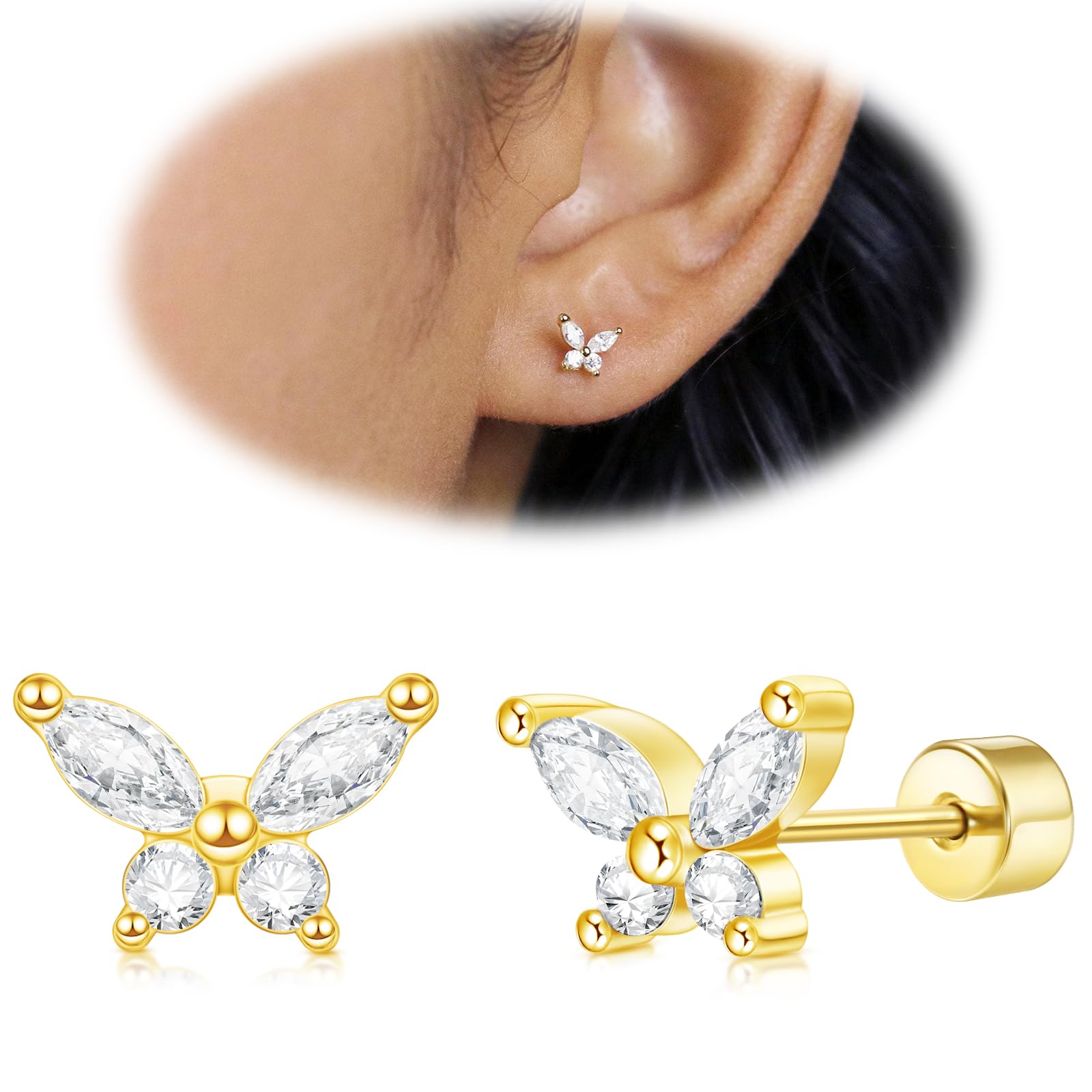 DAI JYCartilage Screw Back Earrings for Women, Flat Back Earrings Sterling Silver Hypoallergenic Earrings for Girls Conch Helix Piercing Jewelry Crawler Butterfly Flower Stud Earrings (Butterfly, Gold)