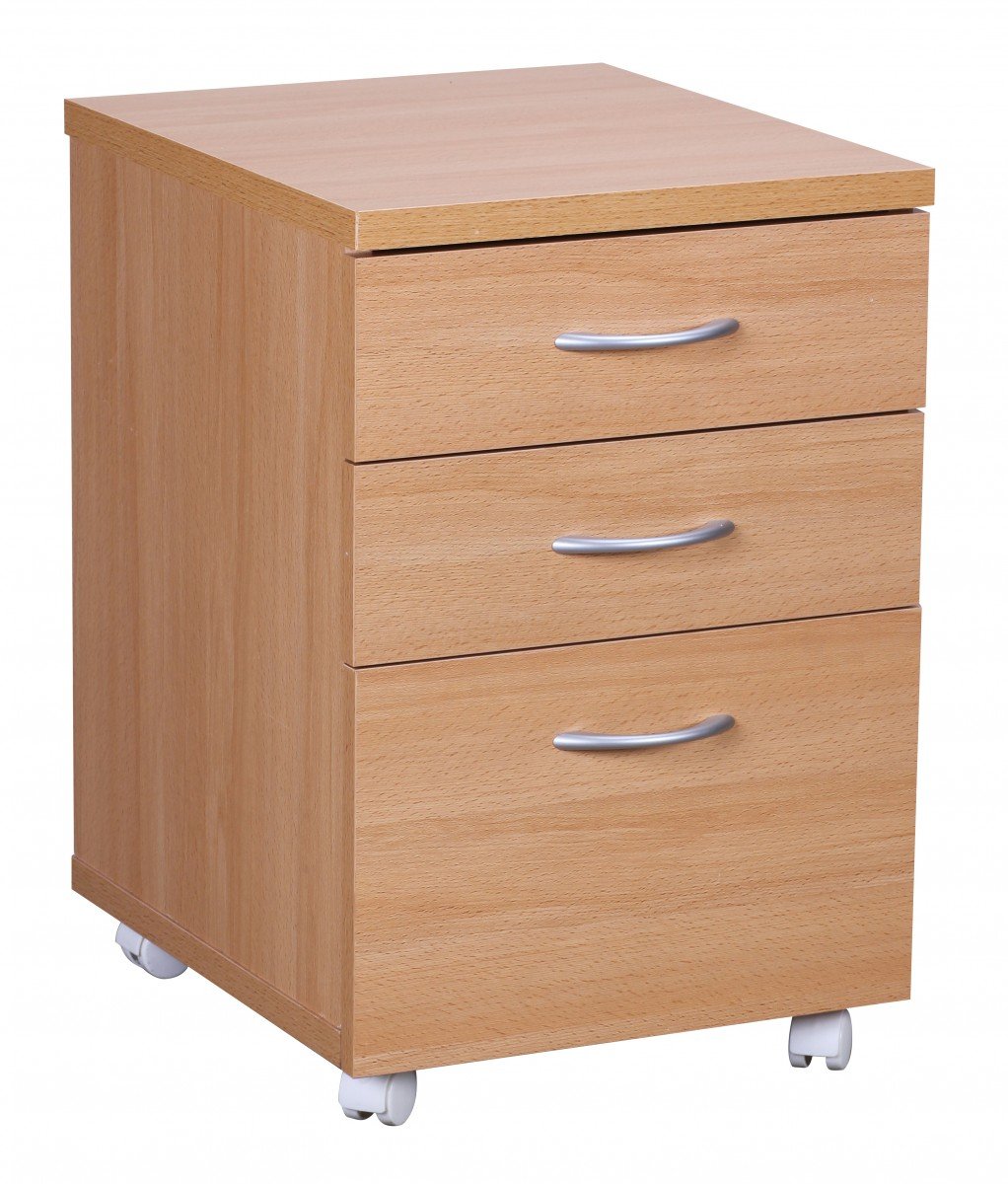 WOHNLING Cassettiera con Ruote Ottawa 40x45x60 cm Faggio con Cassetti | carrello con maniglie in effetto alluminio, mobile basso per scrivania, cassettiera da ufficio compatto, carrello estetica