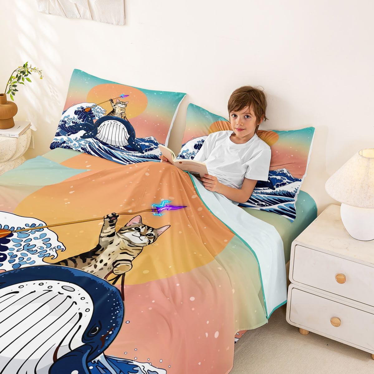 Homewish Wieloryb mały kot zestaw pościeli podwójna zabawa kot brązowe japońskie prześcieradła Ukiyoe zachód słońca ocean fale zestaw pościeli - galaktyka akwarela japońskie prześcieradła z gumką 4