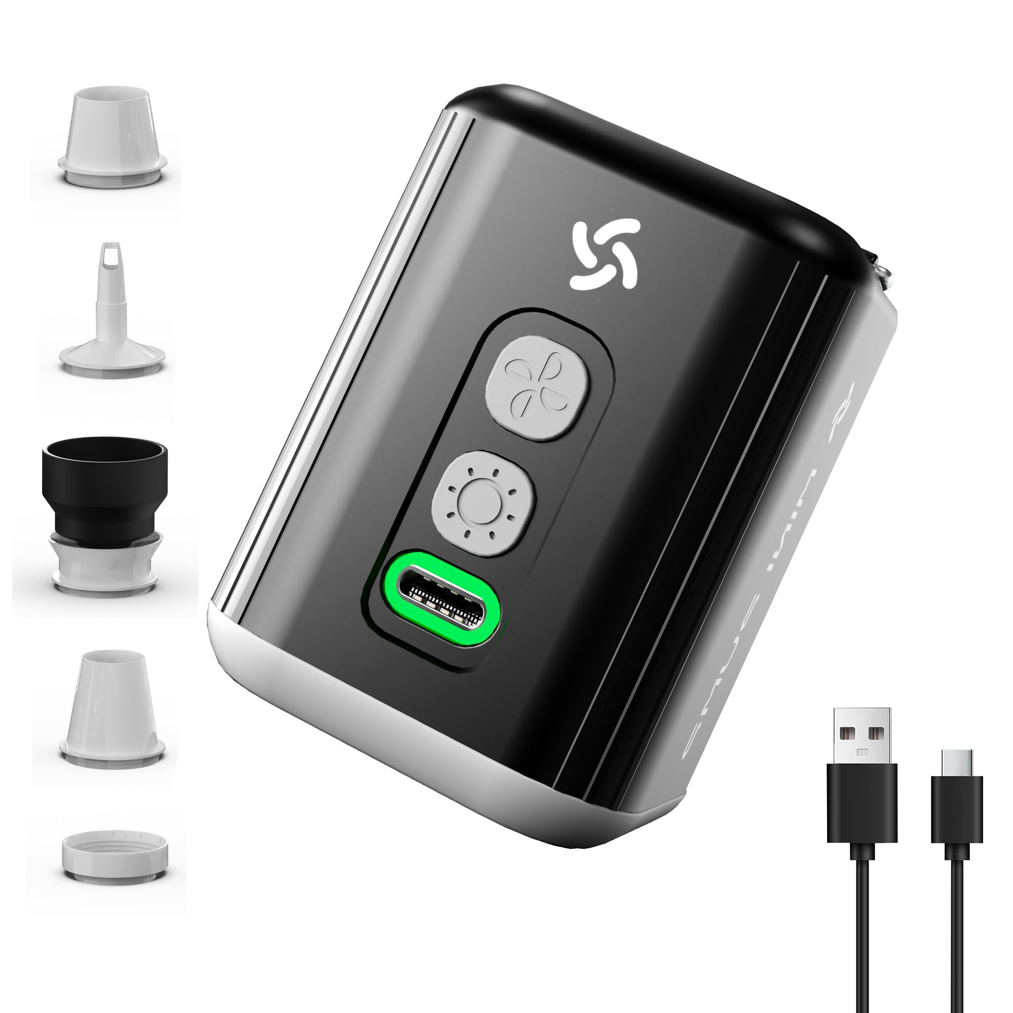 Huilynsen Portable Mini Electric Air Pump with LED Light, Quiet Inflate Deflate for Airbed, Pool Floats & Vacuum Storage Bags, 5 Nozzles, 1600mAh Battery, Black