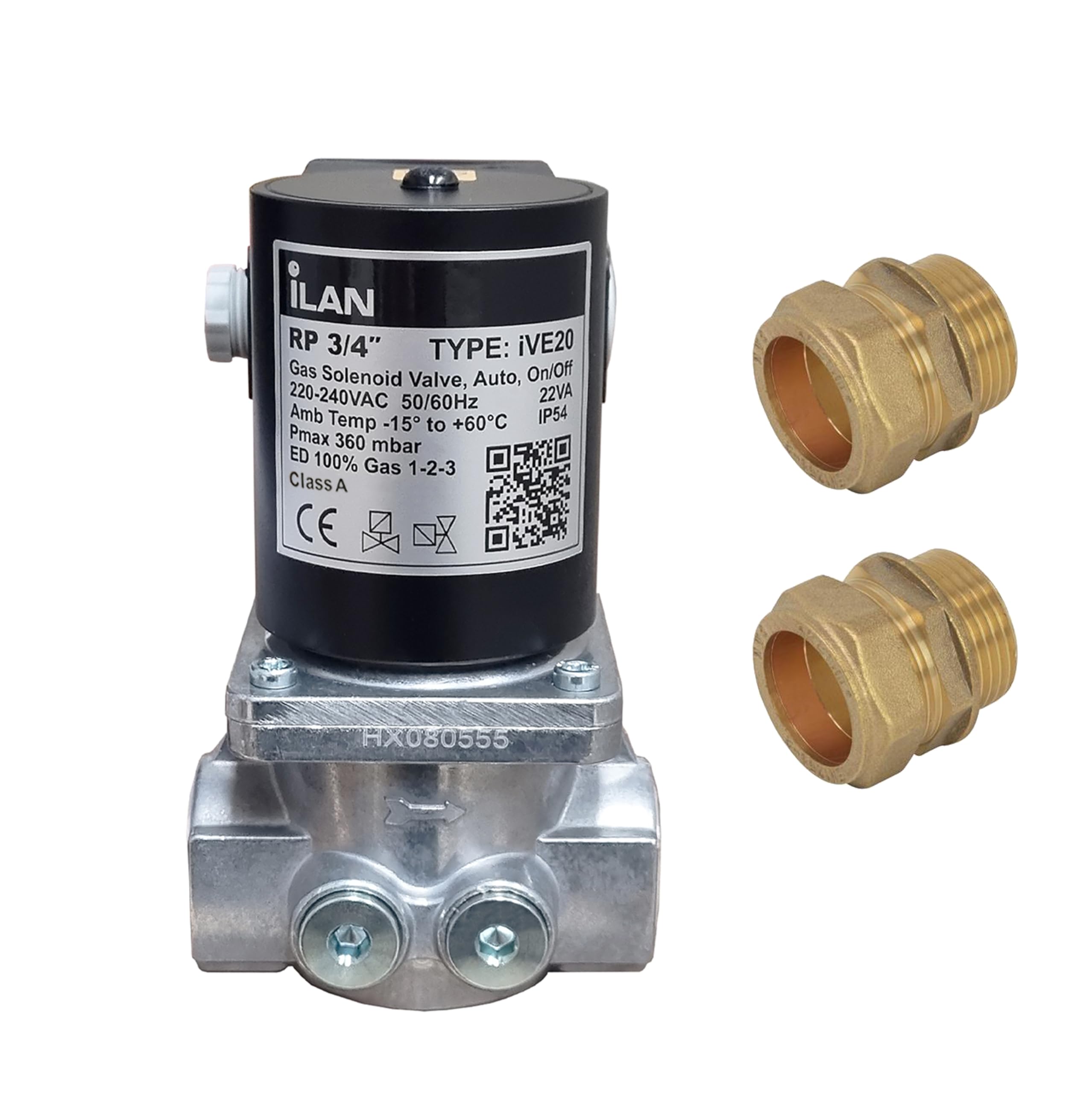 iLAN Gas Solenoid Valve 3/4" with 2X Fitting Adaptors (22mm)