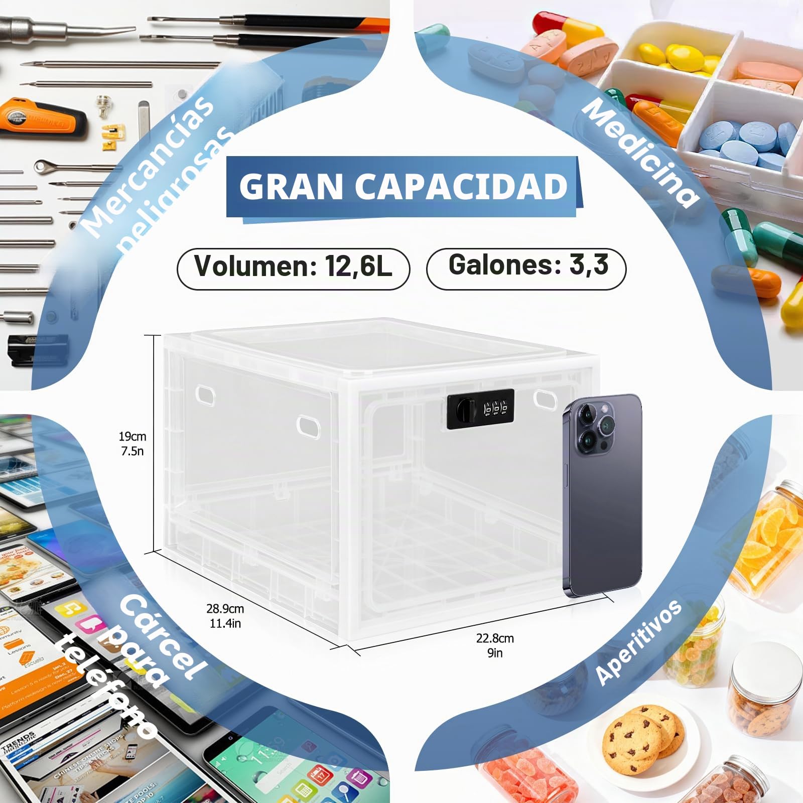Gemaxvoled Caja de Seguridad con Candado de Combinación – Caja Transparente para Medicamentos, Teléfono & Snacks – Material sin BPA, 12,6 Litros, Apilable y Ventilada