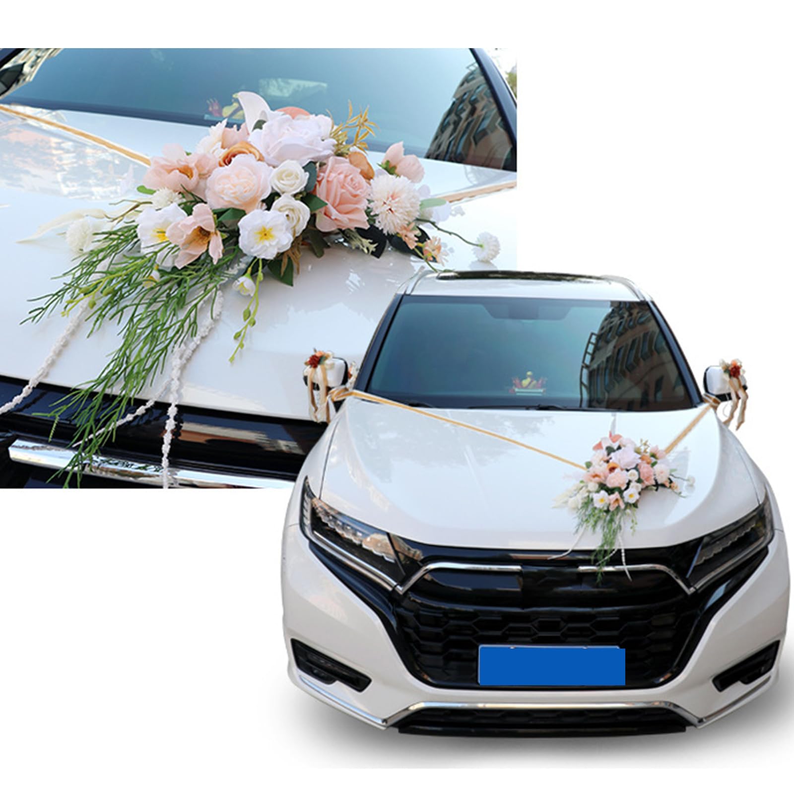 Hochzeitsauto-Dekoration, 7-teiliges Set mit realistischer Kunstblume für Auto-Dekorationen, inklusive Rückansicht und Türknauf