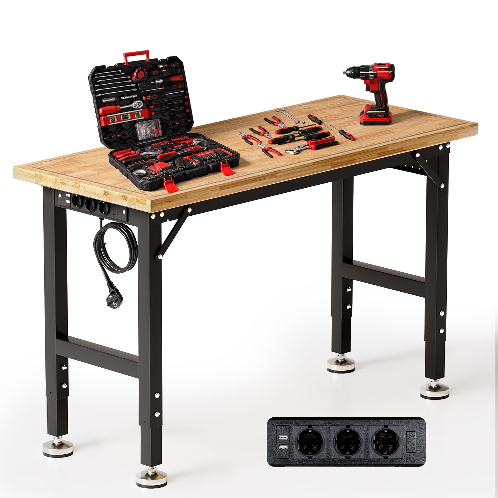 TLGREEN Schwerlast Werkbank aus Gummibaumholz, 122cm Arbeitstisch 5-stufig Verstellbare Höhen, Werktisch mit Steckdosen und Stecktafel, 907kg Tragkraft,15PCS Haken,Garagentisch für Werkstatt Büro Haus