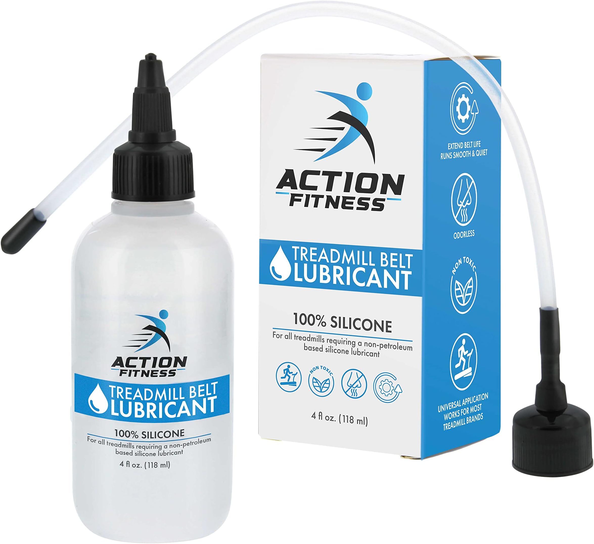 Action Fitness 100% Silicone Treadmill Belt Lubricant, 4-Ounce Bottle with Both an Application Tube and a Twist Spout Cap - Easy to Apply Lube, Controlled Flow, Full Belt Width Lubrication - Odorless