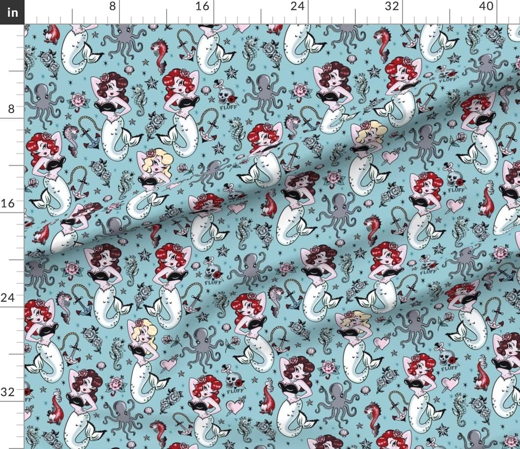 Spoonflower Fabric - Mermaid Vintage Retro Rockabilly Style Pinup Kawaii Mermaids Cute Printed on Petal Signature Cotton Fabric by The Yard - Sewing Quilting Apparel Crafts Decor