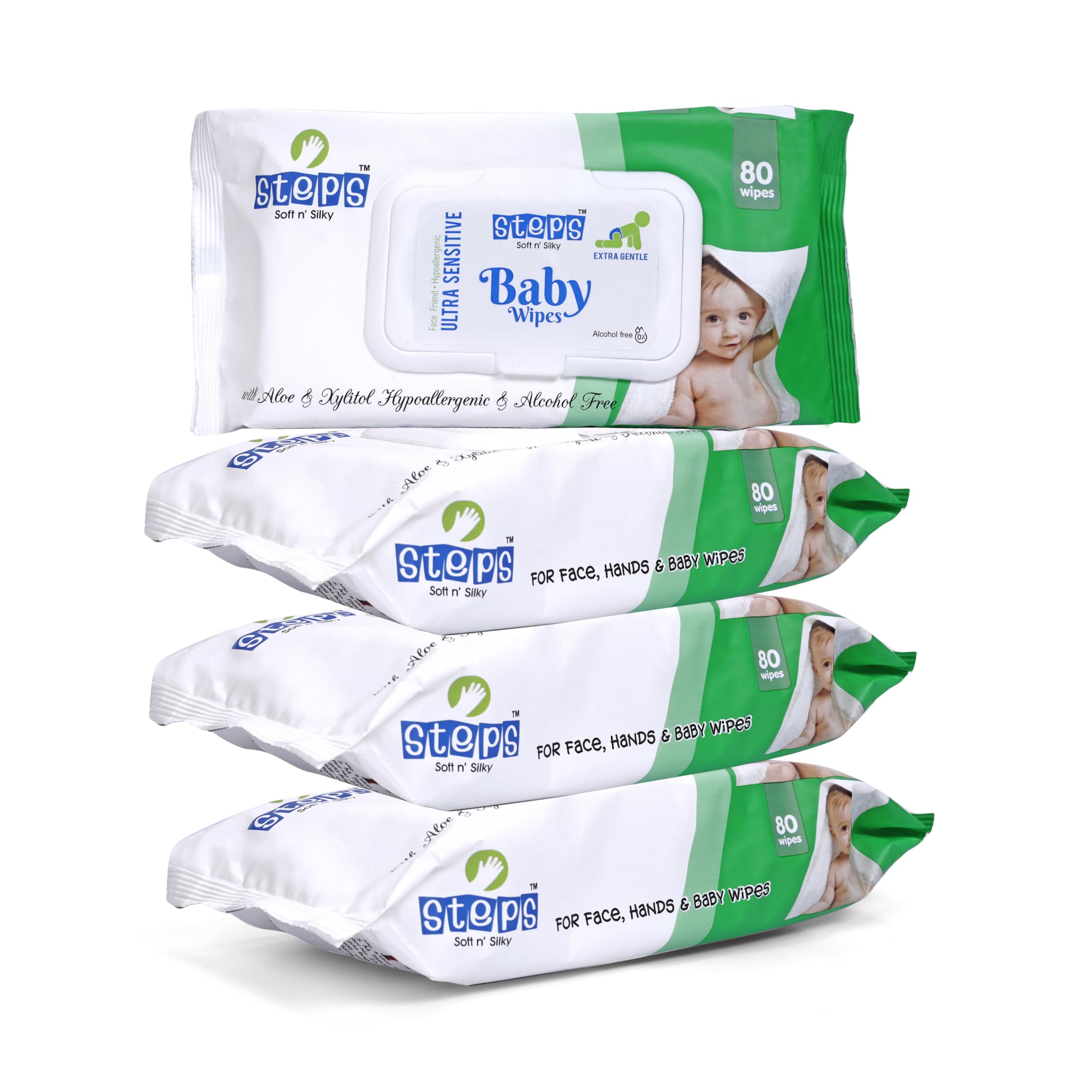 Steps Soft N SILKY Wet Baby Wipes With Lid, 80 Count (PACK OF 4)