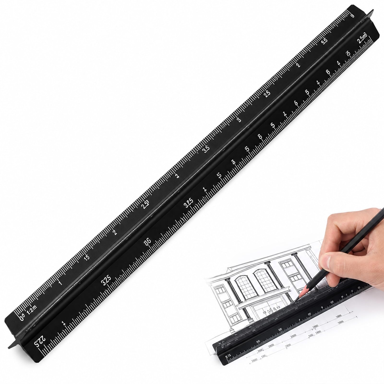 30cm Laser-Etched Aluminum Triangular Metric Scale Ruler for Architects