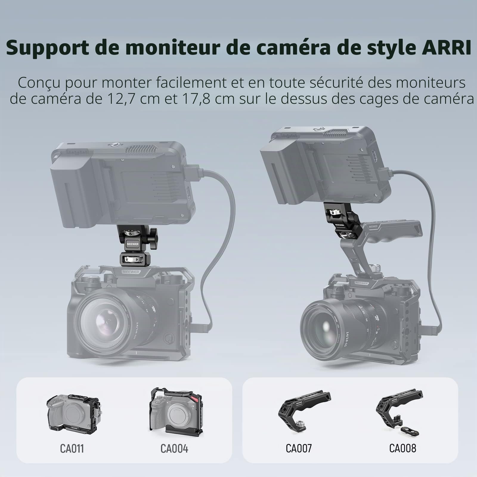 NEEWER Support de Moniteur d'appareil Photo avec vis moletée de localisation Arri 3/8", vis 1/4" pour Moniteur 5" et 7", Compatible avec Atomos Ninja V, pivotant à 360° et Amortissement d'inclinaison