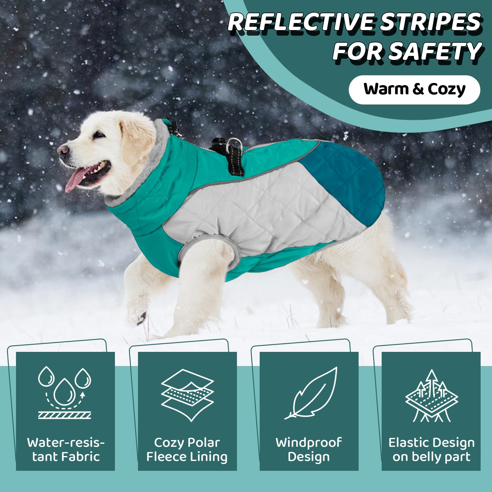 AOFITEE Cappotto per cani, caldo cappotto invernale per cani, a collo alto, riflettente, in pile, con imbracatura integrata