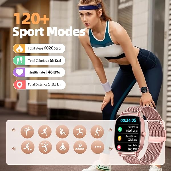 Reloj Inteligente Mujer,Respuesta/Realización Llamadas,Pantalla Ultra Nítida 1.85''HD,Monitor Fitness Tracker Frecuencia Cardíaca,Sueño/SpO2,Compatible IOS/Android,120+Modos Deportivos,IP68 y 2Correas - 3