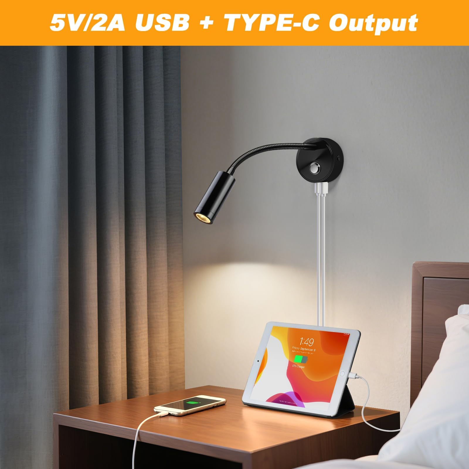 ERWEY 2 Częściowa Lampka do Czytania LED 12V do Kempingowych, ściemniana Dotykowo 3000K-6000K Regulacją Jasności, Nocna Gęsiej Szyi 360° Złączami USB A + C Oświetlenia Wnętrza łodzi Przyczep, Czarna