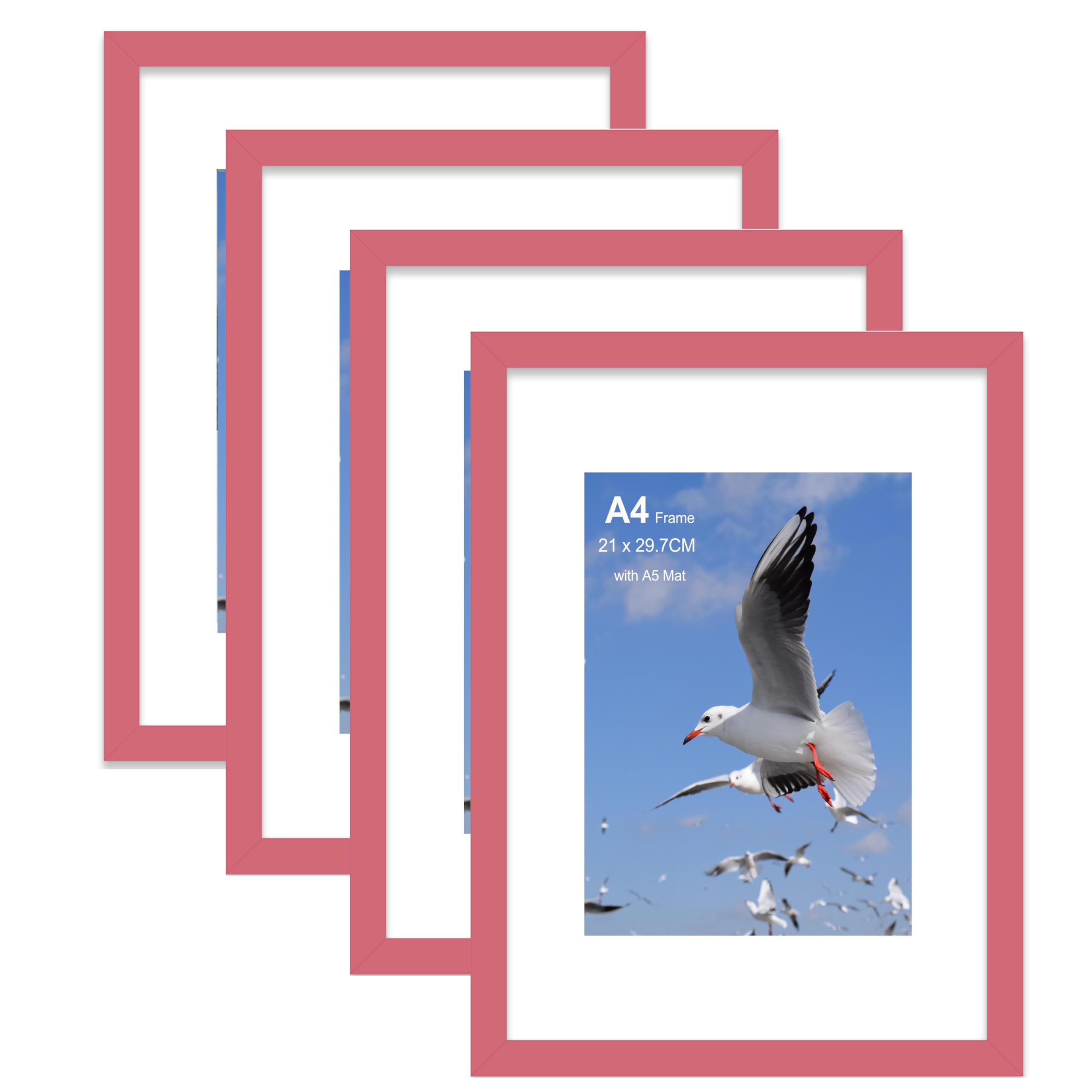 Szyeequoo Pink A4 Picture Frame 4 Pack, A4 Photo Frames with Mount for A4 or A5, Acrylic Front Safer Than Glass, Wall & Tabletop Display, 21 x 29.7 cm