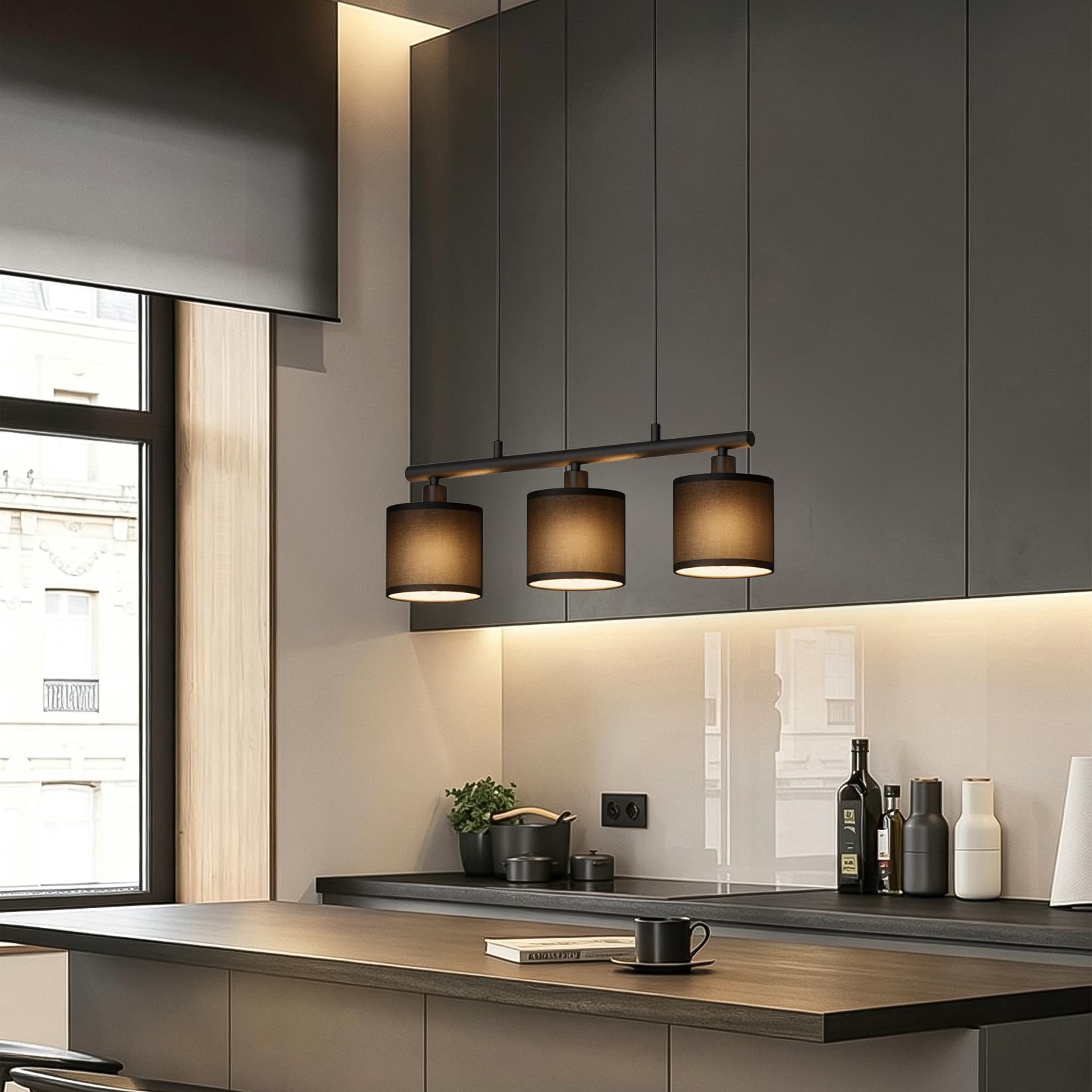 Klighten Lampada a Sospensione 3 Luci E14, Nero, Lampadina non Inclusa | Cilindro Paralume Tessuto, Altezza Regolabile, Lampadario a Sospensione Moderno per Soggiorno Cucina Tavolo da Pranzo