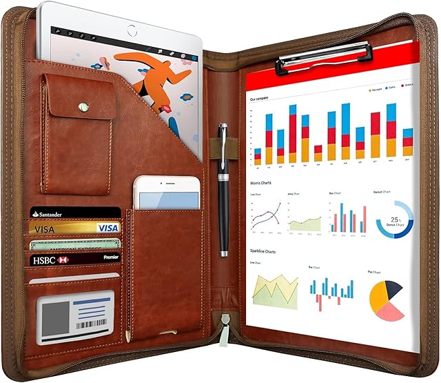 NEWYES Leather Zipper Conference Folder, A4, Travel Document Folder, Portfolio Travel Wallets, Personal Agend Organizer Folder, Brown, 33,5 * 25 * 3,5 cm, (NY-A403-BN-EU)