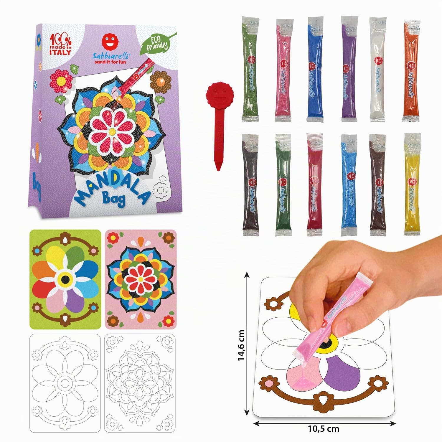 Sabbiarelli Sand-it For Fun – Bag Mandala | Mini Kit de Sand Art con Mandalas 100% Made in Italy con Arena de Colores y Dibujos Adhesivos | Manualidades Creativas para Niños de 5-12 años