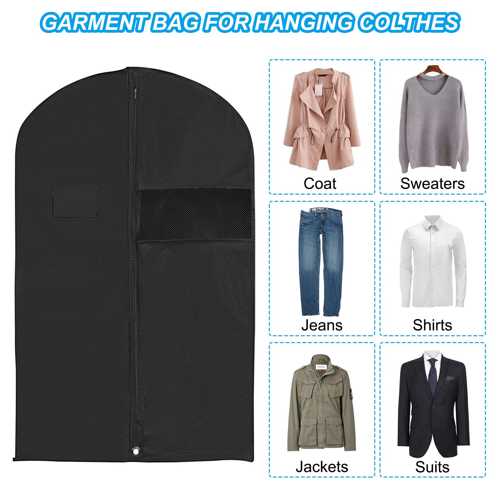 PATIKIL 3er-Pack 60" Kleidersack Atmungsaktive Anzugtasche Schwarz | Kleidersäcke mit Reißverschluss, Zur Aufbewahrung von hängenden Kleidungsstücken, Für Anzüge Mäntel Kleider