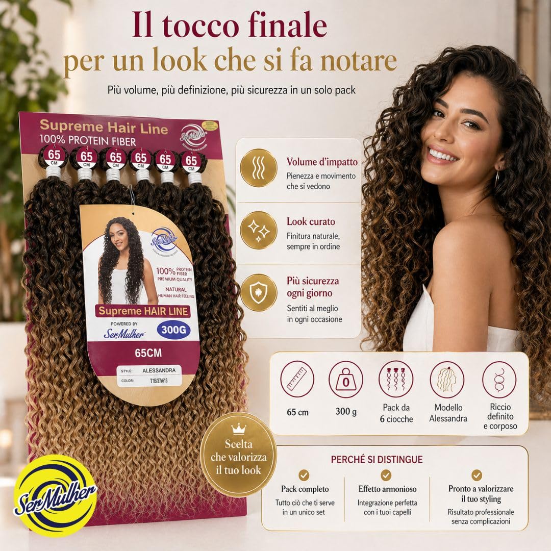 Extension Capelli Ricci e Mossi a Tessitura in Bioproteina, 300 gr, 100% Aspetto Naturale - Hair Texture IDEALI per Styling Ricci, Ondulati, Volume Naturale, 6x65 cm, ALESSANDRA (Dark Brown)