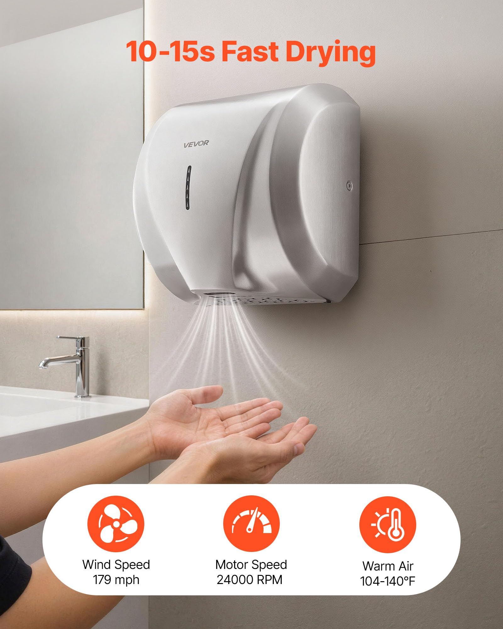 VEVOR Sèche-Mains Automatique Mural Électrique 1800 W avec Filtre HEPA, Sèche-Mains Professionnel pour Toilettes, Salle de Bain, Hôtel, Bureau, Restaurant et Maison, Boîtier en Acier Inoxydable Brossé