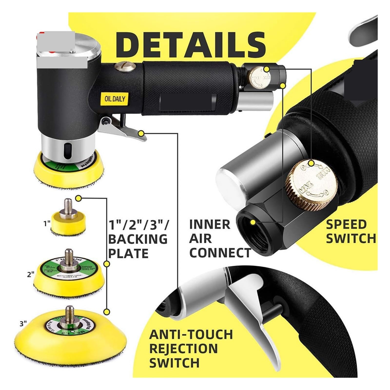 Lijadora de aire orbital aleatoria de 1/2/3 pulgadas, Mini rectificadora neumática for abrillantado for coche, pulidora de lijado accionada en varias superficies(Black Sander 36pc)