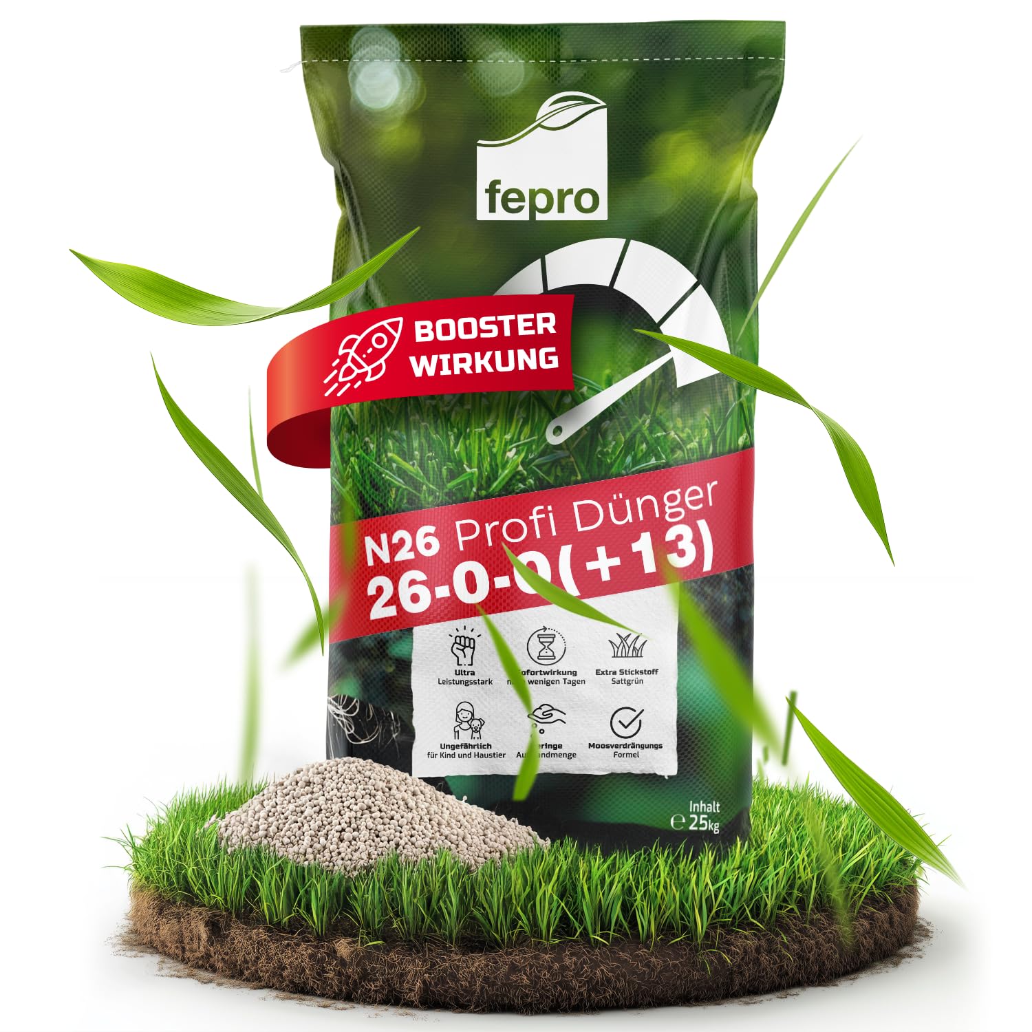 Fepro® N26 Rasendünger Power-Boost 25 kg | Profi-Stickstoffdünger mit Schwefel (26-0-0+13) | Turbo-Wachstum für sattgrünen Rasen & starke Pflanzen | Ammonsulfatsalpeter für Rasen, Obst & Gemüse
