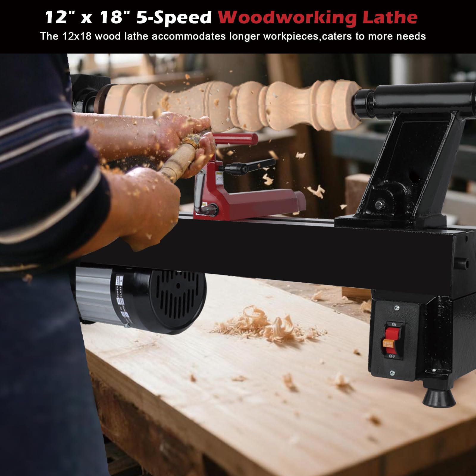 Tornio in legno, 12 x 18 pollici, 550 W 3/4 HP, 5 impostazioni di velocità 680-2770 RPM, tornio da tavolo con MT2 Drive/Live Center