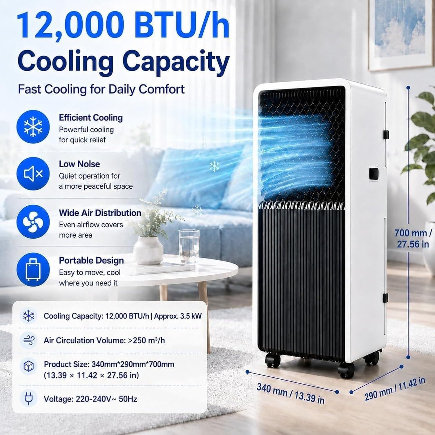 Aire Acondicionado Portátil 12000 BTU Silencioso con Kit de Ventilación de Ventana, 3 en 1 Ventilador y Deshumidificador, Función Sueño, Control Remoto para Habitación Enfriamiento Rápido