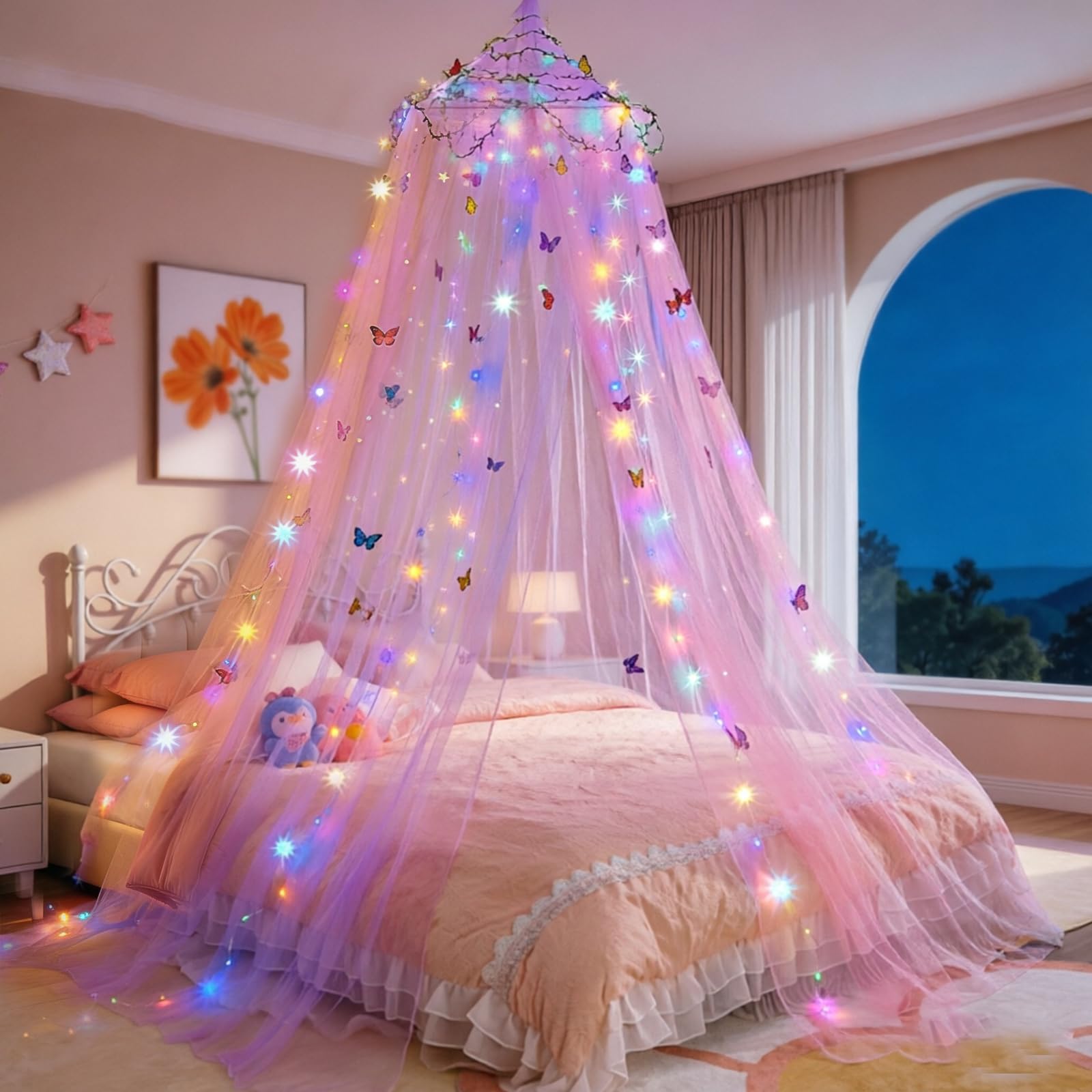 Apradas Round Girls Bed Canopy with 40 LED Lights - Rainbow Bed Curtains for Kids Bedroom - with Vine Glowing Stars Butterflies - Fits Single, Twin, Full, Queen Size Kids Bed (Colourful)
