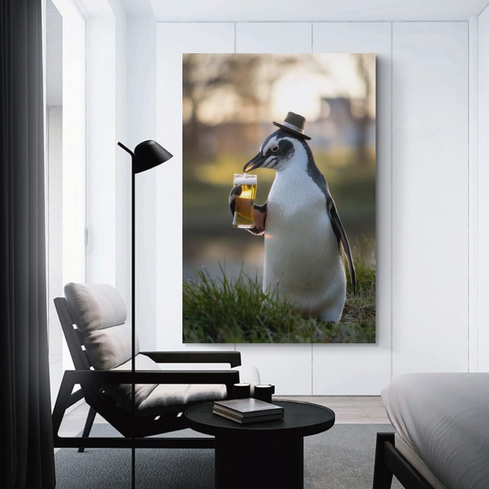 Junmoney Unframe-Style-14 Penguin Sipping A Beer Room Decor Wall Art, 20X30inch(50X75cm), For Living Room, Bedroom, Office Or Hallway, Decorative Artwork With Broad Appeal