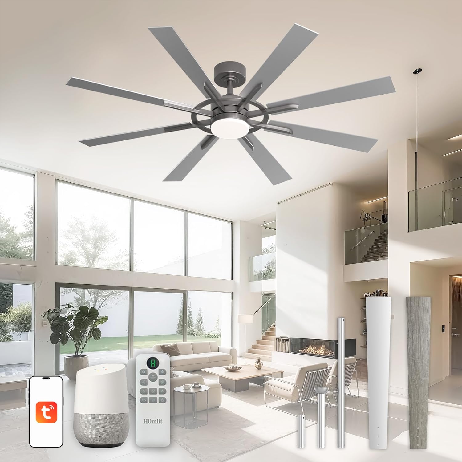 60 Inch Smart Ceiling Fan, Silver Indoor/Outdoor Ceiling Fans with Lights and Remote, Compatible with Alexa/Google/App, 3CCT Dimmable 6 Speeds Timing for Living Room Bedroom Patio