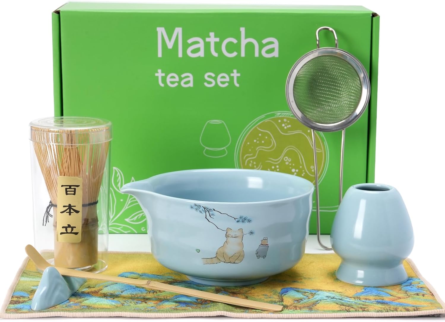 Matcha Whisk Set, Japanese Matcha Kit Set 7-Pcs with Matcha Bowl (Chawan), Matcha Whisk and Holder, Bamboo Scoop, Scoop Rest, Sifter and Tea Towel - Authentic Tea Ceremony Tools for Tea Lovers(Blue)
