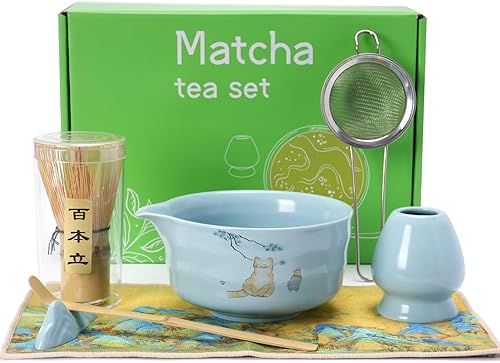 Juego de batidor de matcha, juego de matcha japonés de 7 piezas con cuenco de matcha (chawan), batidor y soporte de matcha, cuchara de bambú,