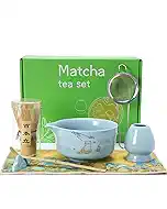 Matcha Whisk Set, Japanese Matcha Kit Set 7-Pcs with Matcha Bowl (Chawan), Matcha Whisk and Holder, Bamboo Scoop, Scoop Rest, Sifter and Tea Towel - Authentic Tea Ceremony Tools for Tea Lovers(Blue)