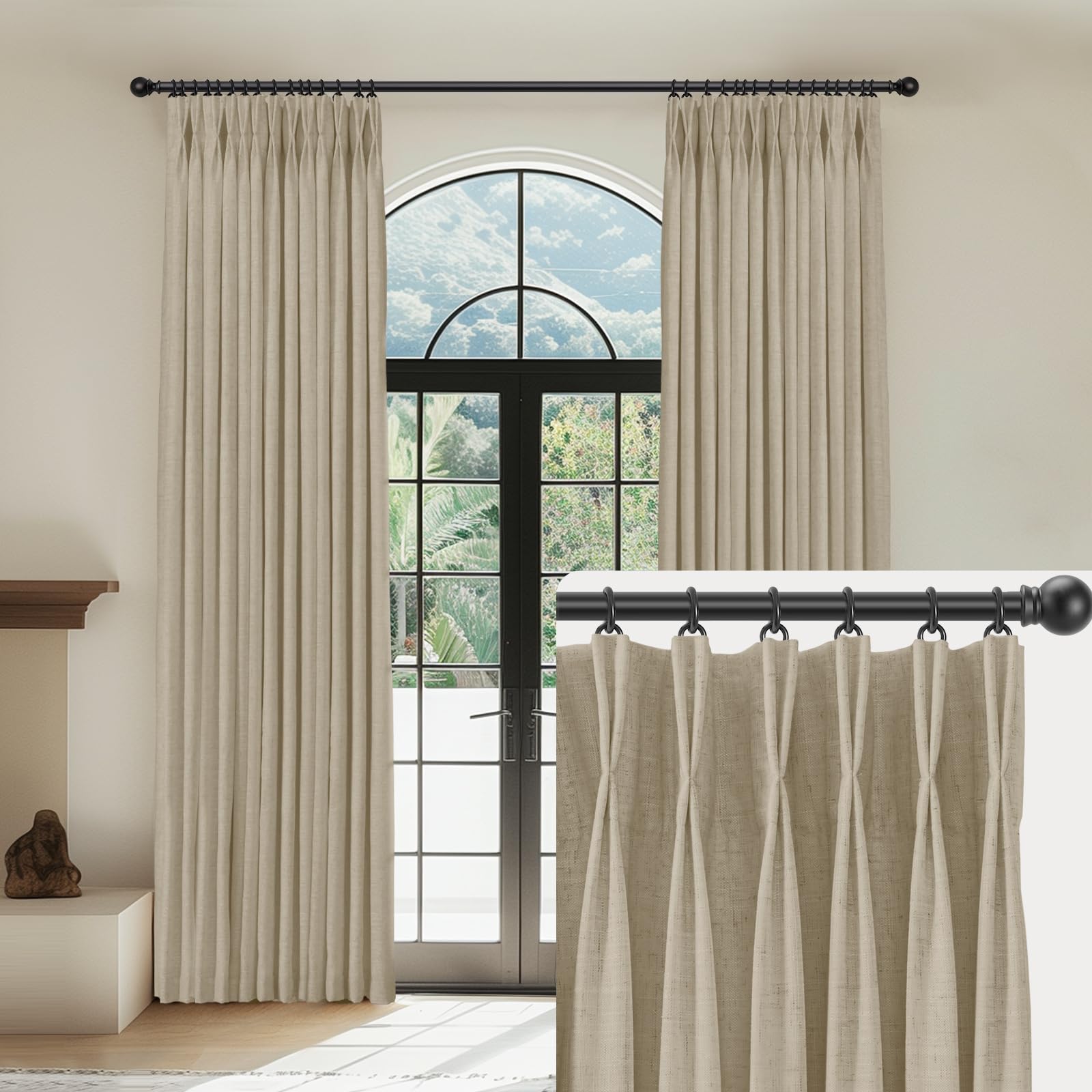 CAPALOCA Linen Pinch Pleated Curtains Blackout 100% Black Out Curtains 126 Inches Long 2 Panels with Hooks, Thermal Insulated Pinch Pleat Drapes for Bedroom, 40Wx126L, Grey Beige