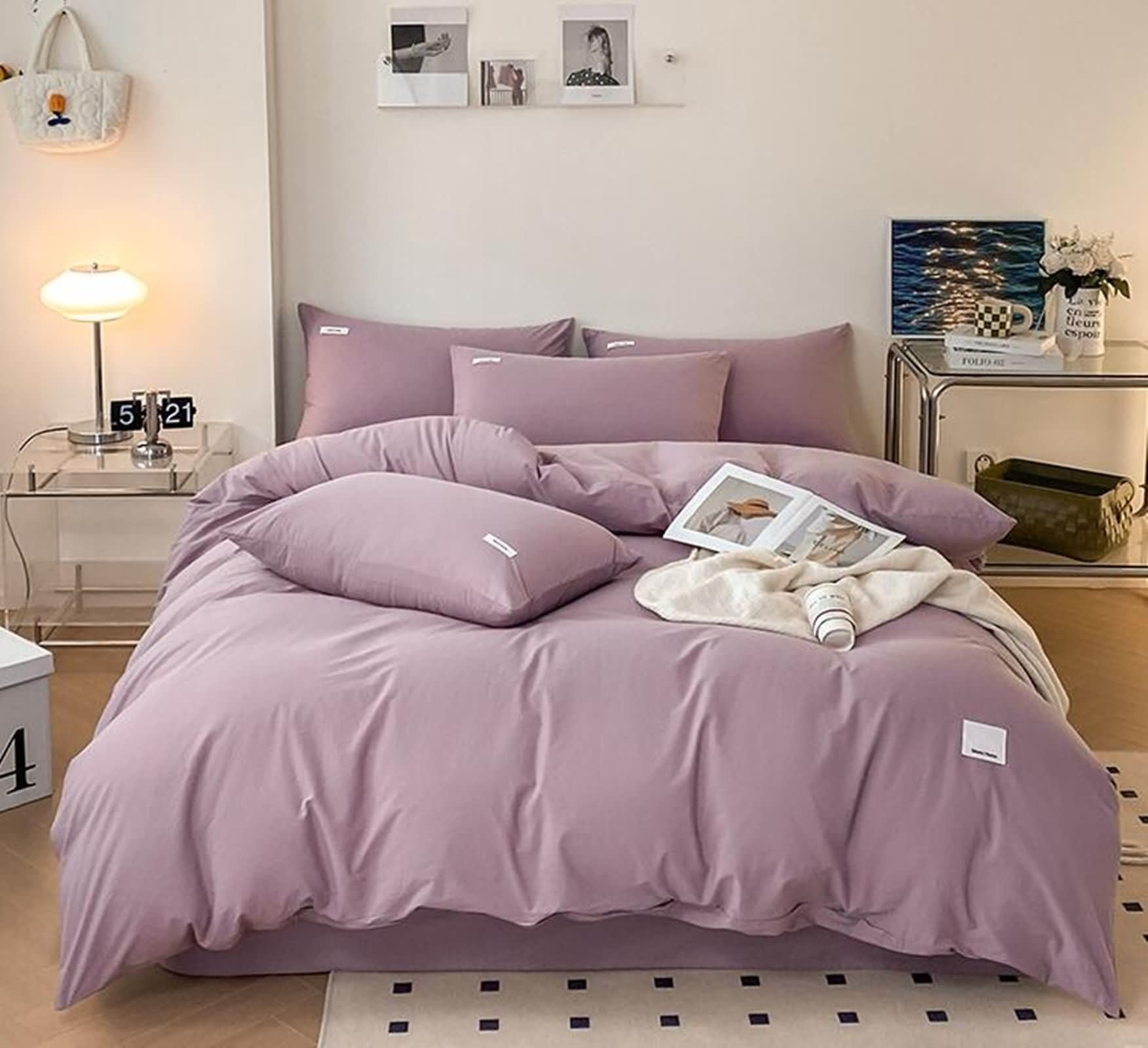4-częściowy zestaw pościeli na łóżko 200 cm, poszwa na kołdrę 220 x 240 cm, prześcieradło górne 245 x 270 cm i 2 poszewki na poduszki, jednokolorowa, miękka bawełna, jasnofioletowy