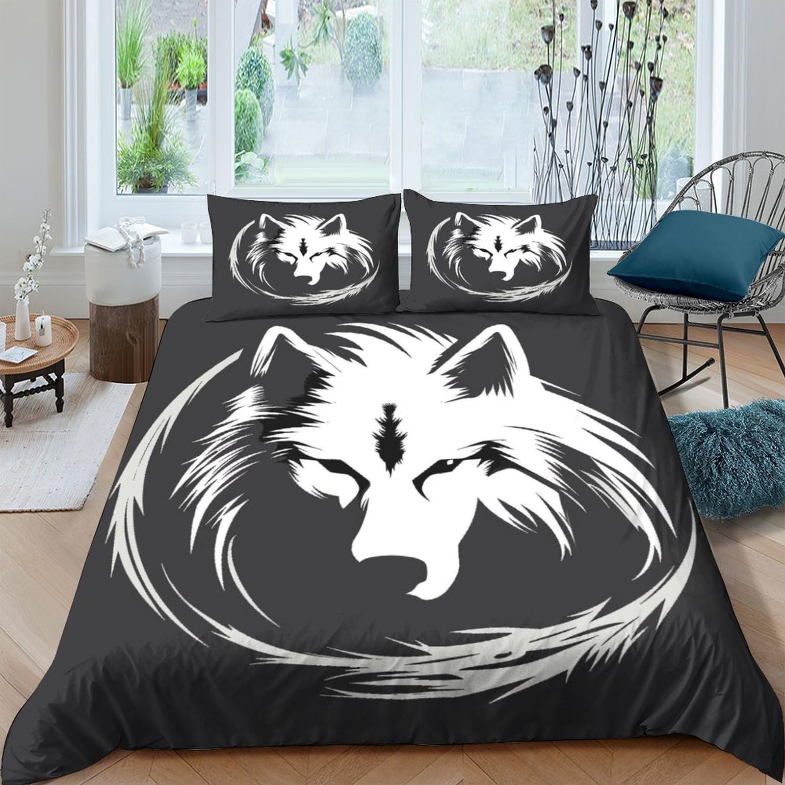 Housse de couette loup 200 x 200 anti-plis parure lit double facile à laver fermeture éclair