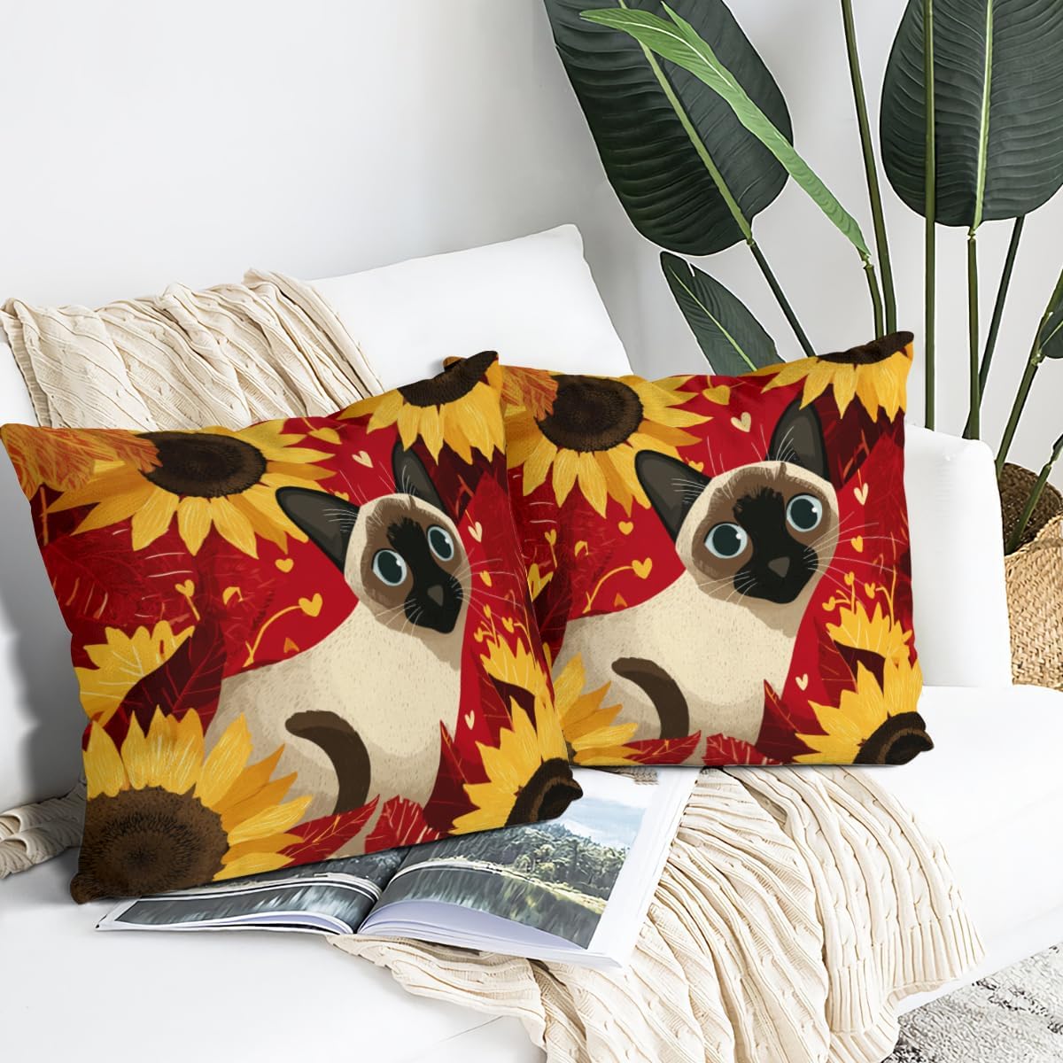 Siamese Cat in The Sunflowers Linen Pillow Cover for Spring Summer 28x28 Inches Set of 2 Fabric Pillowcase for Car Sofa Couch